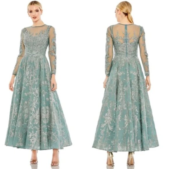 MAC DUGGAL 20337 EMEBELLISHED BOW BELT ILLUSIONS LONG SLEEVE A-LINE JADE RESS 6 - Picture 6 of 6